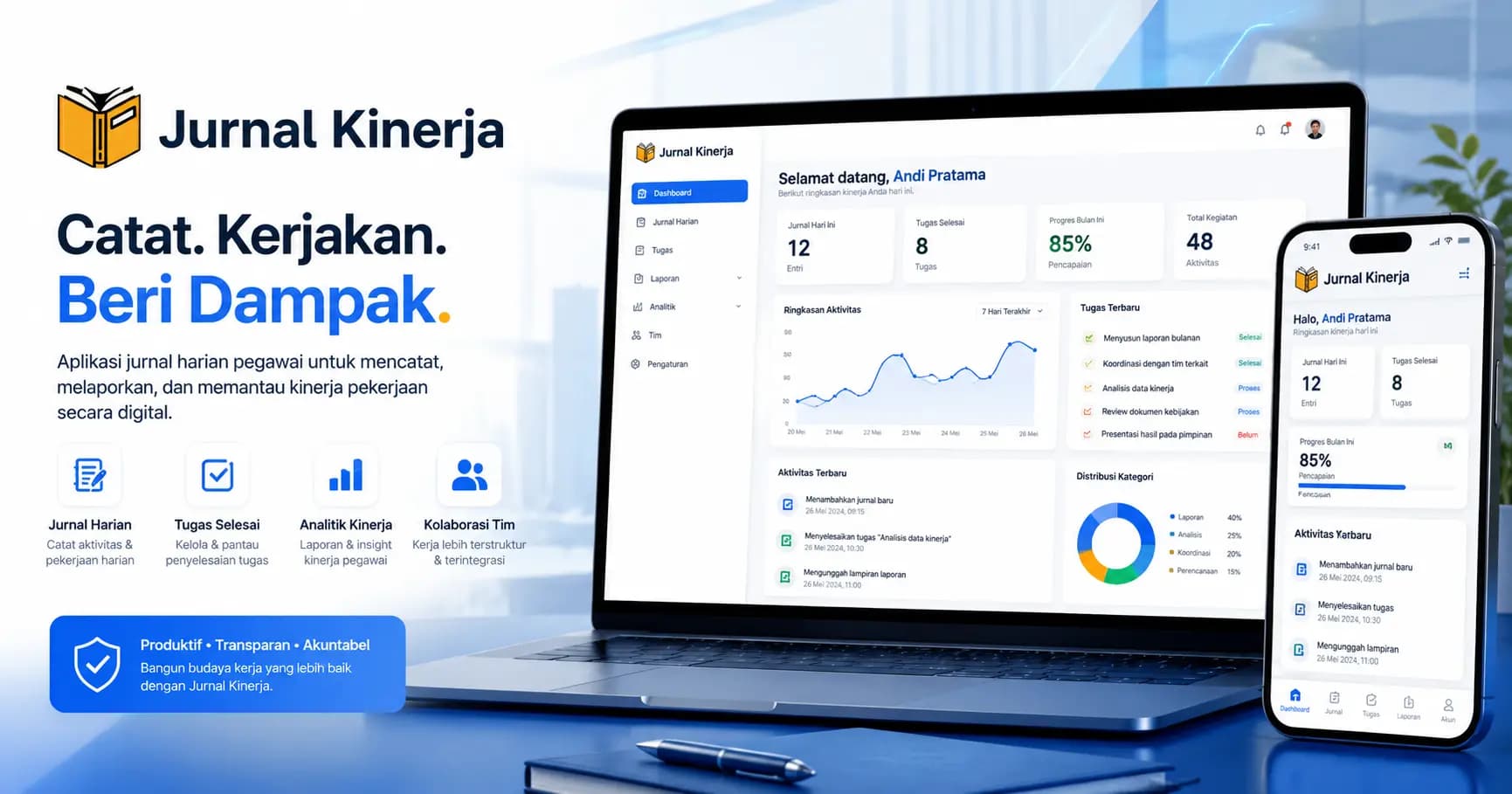 Preview aplikasi Jurnal Kinerja pada desktop dan mobile.